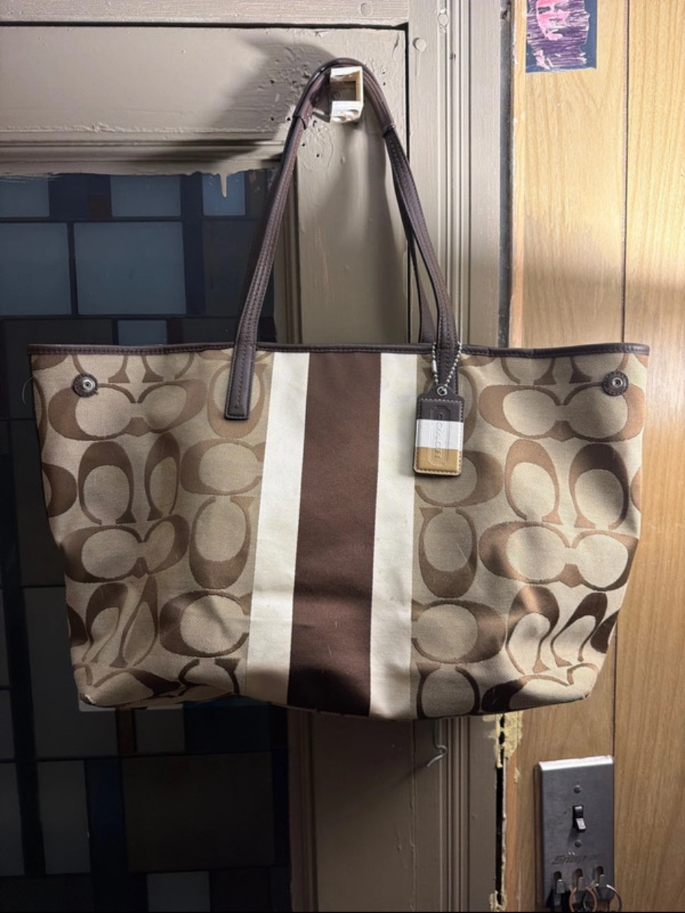 Coach Brown and Cream Logo Stripe Tote